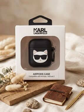 Karl Lagerfeld Black Cat Sunglasses AirPods Case with Carabiner